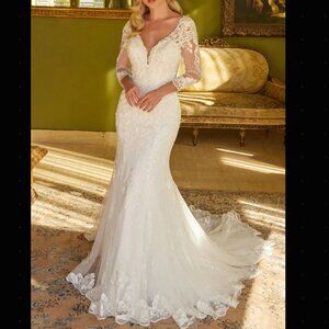 White Bride Wedding Lace Fitted Quarter Sleeve Dress Sequin Embroidered Gown